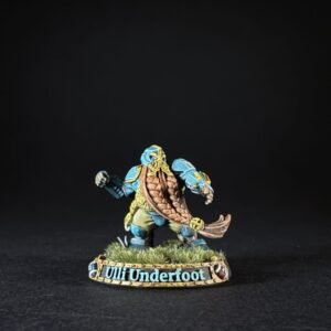 Painted tabletop miniature: blue-armored dwarf figure on a grassy base, nameplate reads 'Ult Underfoot'.