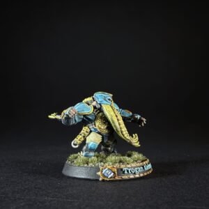Painted tabletop miniature: a blue-and-gold armored warrior standing on a grassy base with a small name plaque reading 'Trogan' or similar nearby.