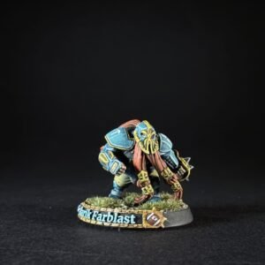 Miniature fantasy warrior in blue armor with a yellow mask and red flowing hair, crouching on a grassy base with a 'Dark Farblast' name plaque.