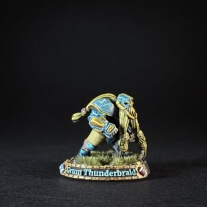 Miniature figure in blue and gold armor kneeling on grass, base labeled 'Grum Thunderbraid'.