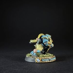Painted tabletop miniature: a blue-armored dwarf named Grum Thunder on a grassy base.