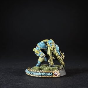 Painted tabletop dwarf miniature in blue and gold armor, wielding twin blades, on a grassy base marked 'Thunderbraid'.