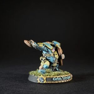 Painted dwarf miniature named Grim Ironjaw on a grassy base with a skull emblem on the plaque.