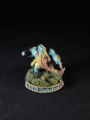 Painted fantasy miniature of a blue-armored warrior with a brown shield, standing on a grassy base; edge text reads 'Ulli Underfoot'.