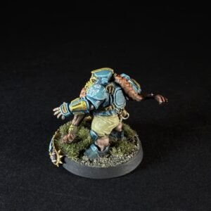 Back view of a blue-armored fantasy miniature standing on a grassy, rocky base.