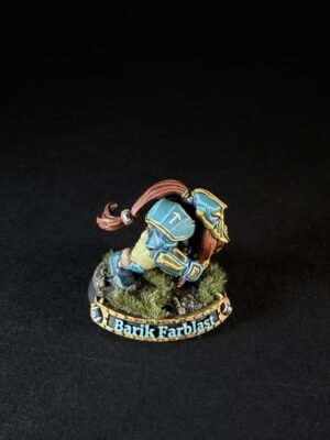 Tabletop fantasy miniature of Barik Farblast, a dwarf in teal armor with a red beard on a grassy base with a 'Barik Farblast' banner.
