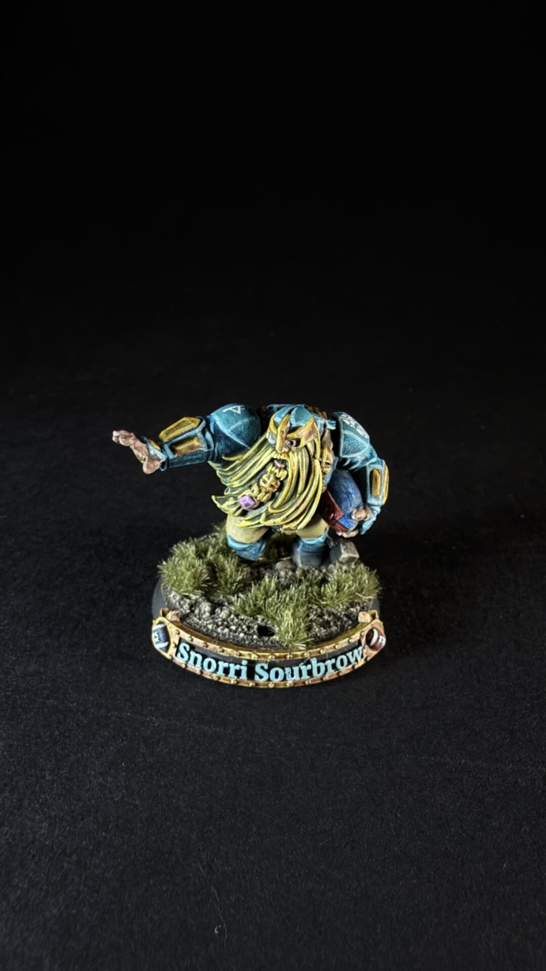Painted dwarf miniature standing on grassy base, name 'Snorri Sourbrow' visible on the pedestal, arms outstretched in a dynamic pose.