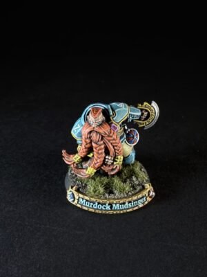 Fantasy tabletop miniature of a dwarf with a red braided beard, blue armor, and a large hammer, on a grassy base labeled “Murdock Mudsinger.”