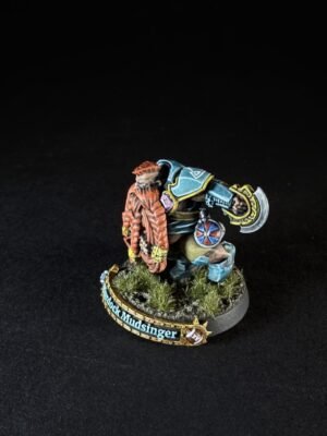 Miniature dwarf warrior in teal-blue cloak and orange beard, wielding a large axe and shield, posed on a grassy base with a curved name banner reading 'Mudstinger'.