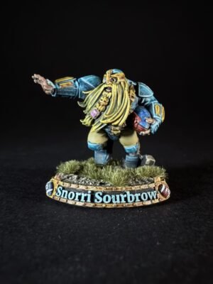 Blue-armored dwarf miniature with a long yellow beard, posed with one arm outstretched, standing on a grassy base labeled 'Snorri Sourbrow'.