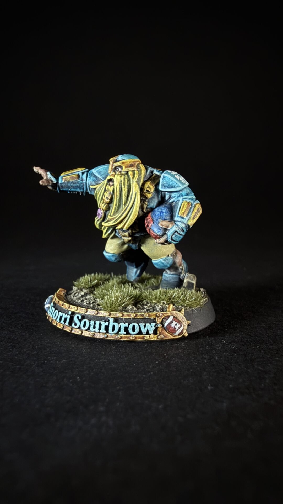 Colorful dwarf miniature in blue armor with a long yellow beard, standing on a grassy base with a decorative banner reading 'Shorri Sourbrow'.
