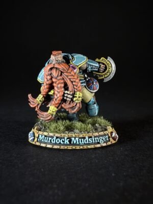 Miniature of a burly dwarf with an orange braided beard, paired with a blue-armored companion; base reads 'Murdock Mudsinger'.