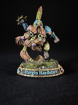 Painted fantasy miniature of a muscular warrior with skulls, braided orange hair, and blue armor, on a grassy base labeled 'Hargin Hardstare.
