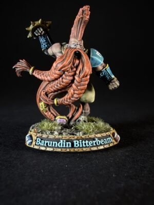 Miniature dwarf warrior Barundin Bitterbeam, with a long braided red beard, raised hammer, standing on a grassy base.