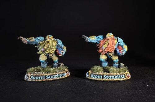 Two blue-armored dwarf miniatures with long beards stand on grassy bases, bases labeled Snorri Sourbrow and Brom Stonefist.