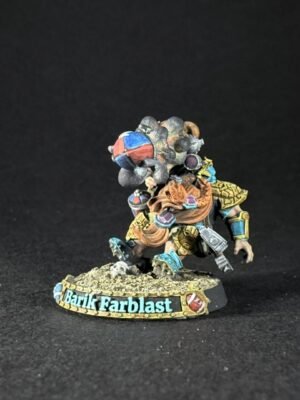 IMG_1107 Miniature fantasy warrior figure, colorful armor, standing on rocky base with a banner reading Barik Farblast