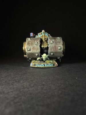 Miniature model of a Death Roller war machine with a goblin crew, on a grassy base labeled 'Death Roller' against a black background.