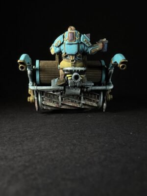 Teal and gold armored sci‑fi soldier sits atop a weathered dieselpunk vehicle with pipes and gears against a black background.