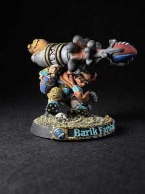IMG_1120 Colorful painted fantasy dwarf figure firing a large rocket launcher, standing on a rocky diorama base.