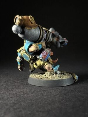 IMG_1122 Painted fantasy dwarf miniature with a large back-mounted cannon, wearing blue and gold armor on a rocky base.