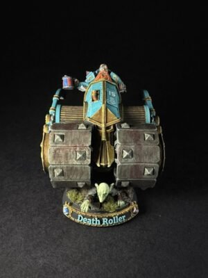 Miniature model of a teal and gold Death Roller siege vehicle with large treaded wheels and a goblin pilot, set against a black background; base reads 'Death Roller'.