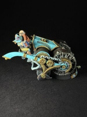 Miniature fantasy rider on a teal and gold steampunk bike with visible gears and armor on a black background in a dynamic pose