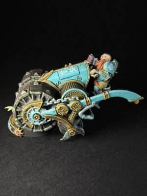 Miniature steampunk bike with teal and gold armor, ridden by a bearded dwarf against a black backdrop. Bearded dwarf pilot on a teal, gear-filled steampunk motorcycle miniature. Fantasy miniatures: a teal-and-gold riding vehicle with exposed gears and a bead-dwarf chauffeur. Teal and gold steampunk motorcycle model with a dwarf rider, detailed gears and chains.