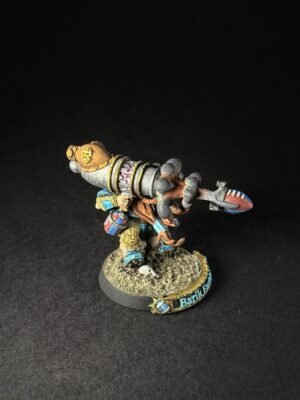 IMG_1144 Painted miniature of a dwarf warrior with a large cannon-like weapon on a rocky base, Barik visible on the base label.