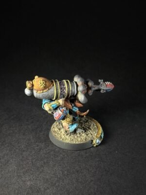 IMG_1145 A painted fantasy dwarf warrior in blue and gold armor wielding a giant ornate hammer, standing on a textured base.