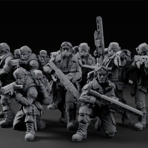 Group of heavily armed soldiers in tactical armor kneeling and aiming large rifles against a dark background.