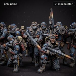 Group of blue-armored sci-fi soldiers kneeling and standing, wielding large rifles, with gas masks and gear in a dark studio setting.