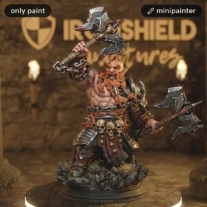 Dwarven warrior miniature gripping two jagged axes, bare chest, skull belt, standing on a rocky base.