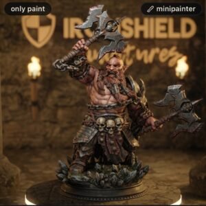 Detailed painted barbarian dwarf miniature wielding a double-headed axe, standing on a rocky base with skulls.