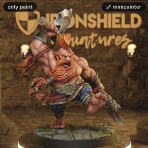 Detailed fantasy miniature of a muscular dwarf with orange beard, raising a large battle-axe overhead while wearing belt and bracers, standing on a textured rocky base.