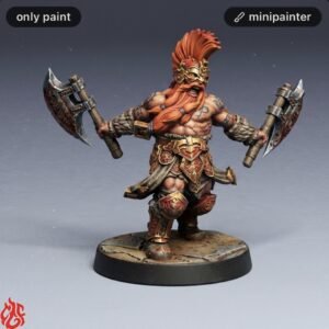 Fully painted dwarf warrior miniature with red beard and double axes, standing on a rocky base.