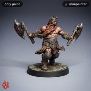 Painted fantasy dwarf warrior miniature with two ornate axes, bare chest, long red beard, armored belt, standing on cracked circular base.