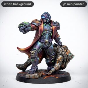 Detailed painted miniature of a futuristic armored warrior with a red cape, skull insignia, and glowing green accents, posed with fist extended on a lava-textured circular base.