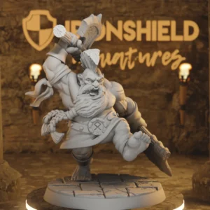 Fantasy dwarf miniature in a dynamic battle pose, raising a large hammer on a cracked stone base with a dim Ironshield backdrop.