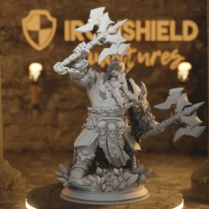 Static 3D fantasy miniature of a hulking orc warrior wielding dual axes, wearing skull-decorated armor, standing on jagged rocky base with crystals.