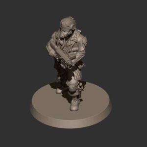 Futuristic armored soldier action figure holding a rifle, standing on a circular display base.