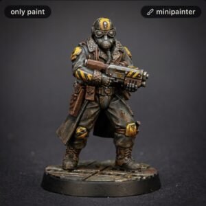 Painted soldier miniature in a weathered coat and gas mask, holding a futuristic gun with yellow hazard stripes on a textured base