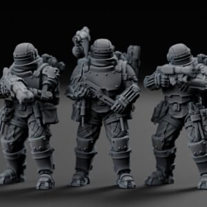 Three heavily armored soldiers in futuristic power armor stand together, rifles raised, ready for combat in a dark gradient scene.