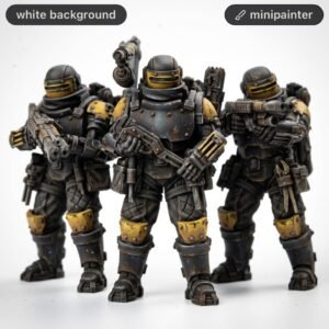 Three dark armored sci-fi miniatures with yellow accents, standing in a row and pointing guns on a white background.