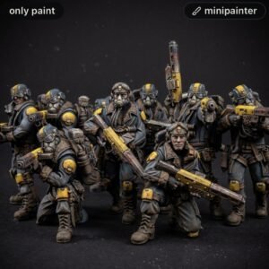 Group of detailed blue-gray and yellow miniature soldiers with gas masks, armed with futuristic rifles, posed for tabletop battle.