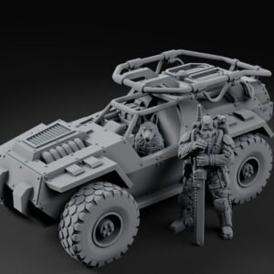 3D-rendered armored off-road vehicle with oversized tires, a wolf figure in the cockpit, and a heavily armed soldier standing beside it with a chainsaw-like blade.