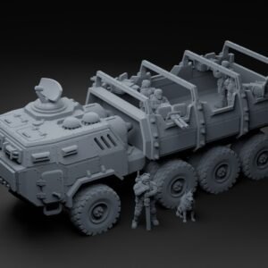 Eight-wheeled armored transport with open troop bays, gunners, and a crewman standing with a rifle near a dog.