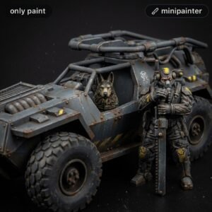 Armored, weathered dune buggy-style vehicle with a German shepherd peering from the driver's window and a heavily armored action figure standing beside it, holding a long blade accessory.