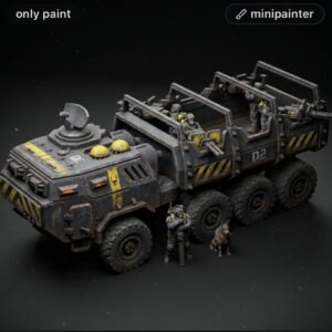 Six-wheeled armored transport model with yellow hazard stripes, crew figures, and a dog ally against a dark backdrop.