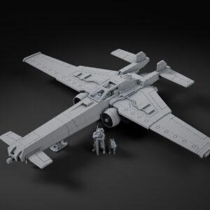 Large sci-fi starfighter model with wide straight wings, twin engine nacelles, and a cockpit, shown with two small figures for scale on a dark backdrop.