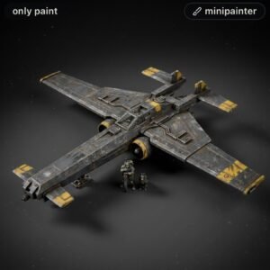 Weathered gray sci‑fi spacecraft model with yellow accents, two miniature figures for scale beside it.